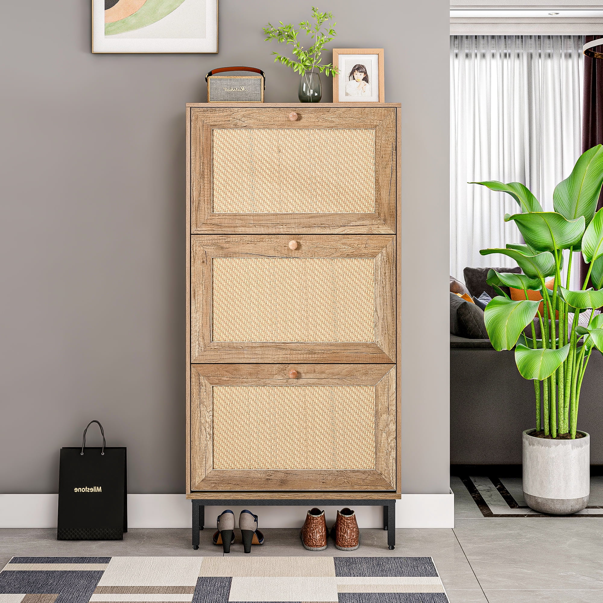 Shoe Rack Rattan Large Spaco Rattan 3-Flip Drawer Shoe Cabinet Shoe Cabinet Organizer ...