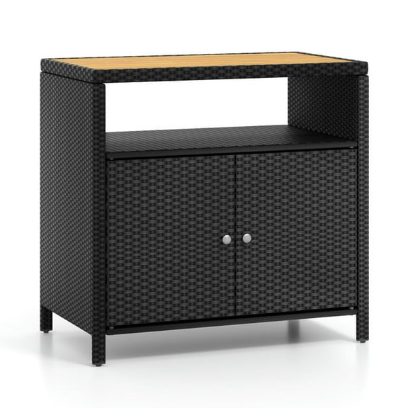 Spaco Rattan Storage Cabinet with Acacia Wood Countertop for Poolside Deck and Patio-Black,