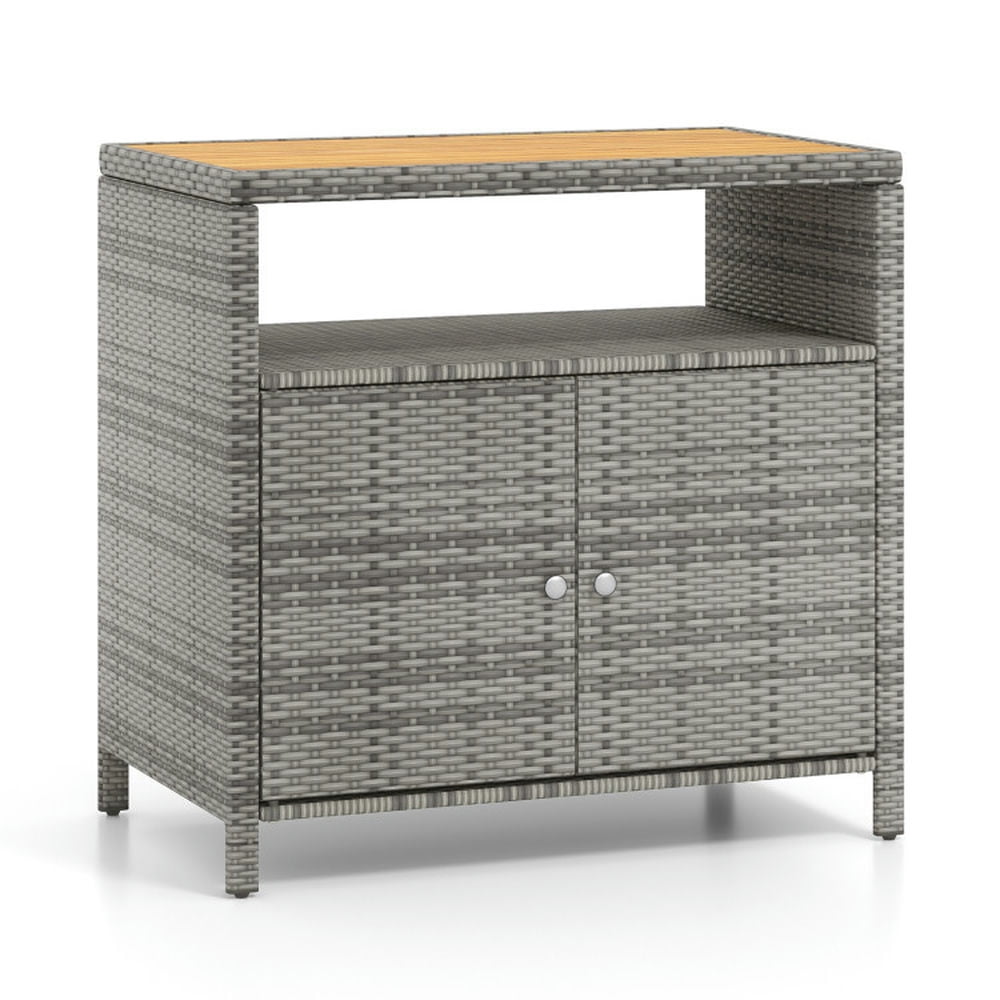 Gray Woven Rattan and Acacia Wood Outdoor Storage Cabinet