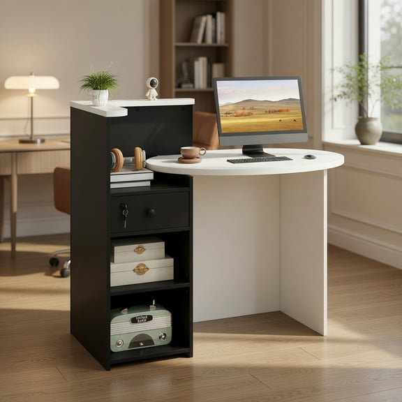 Spaco Reception Office Desk with Open Shelf and Lockable Drawer-Black,