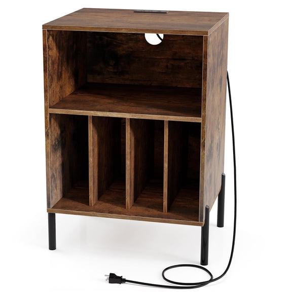 Spaco Record Player Stand with Charging Station, 150 Vinyl Storage Capacity, Anti-Tipping Safety Device, Coffee (Brown)