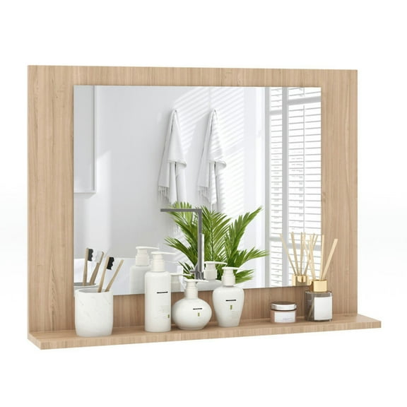 Spaco Rectangle Bathroom Mirror with Shelf 23.5 x 17.5 Inch and Wood Frame-Brown, Mirrors for Wall