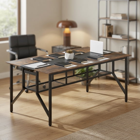 Spaco Rectangle Conference Desk with Mesh Storage Shelf Cable Port Heavy Metal Frame Adjustable Feet 265 LBS Capacity Office Meeting Table, Rustic Brown