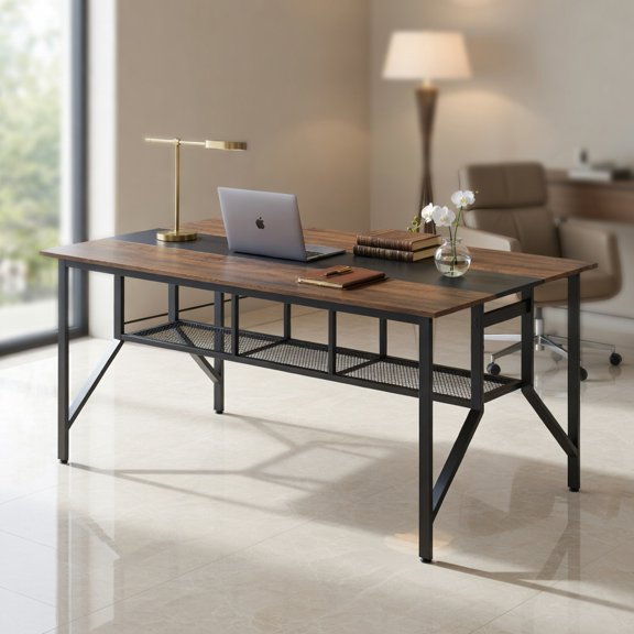 Spaco Rectangular Meeting Desk with Mesh Storage Shelf Wire Grommet Heavy Duty Metal Framework Adjustable Feet Pads 265 LBS Capacity Office Conference Table, Rustic Brown