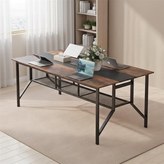 Spaco Rectangular Meeting Desk with Mesh Storage Shelf Wire Grommet Heavy Duty Metal Framework Adjustable Feet Pads 265 LBS Capacity Office Conference Table, Rustic Brown
