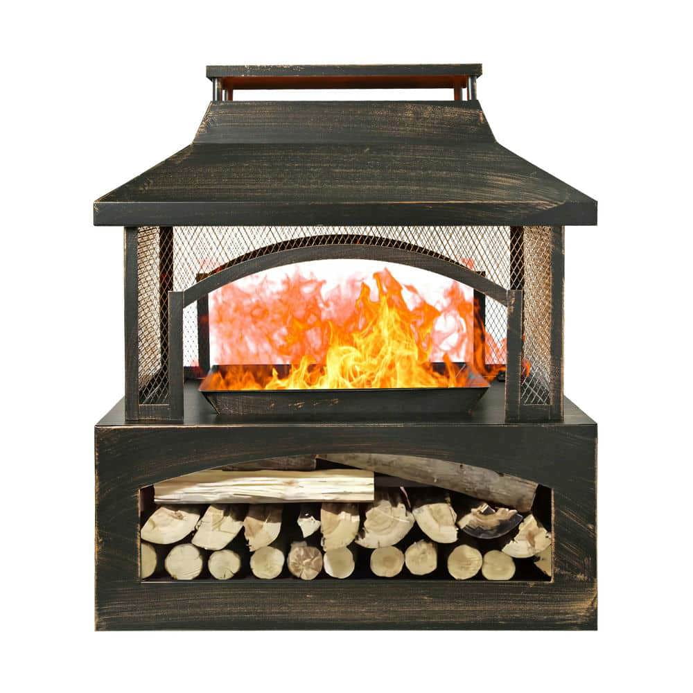Spaco Rectangular Metal Log Burner Fire Pit with Built-in Log Storage, Outdoor Wood-Burning Fireplace, Fire Pit for Outdoor, Brown