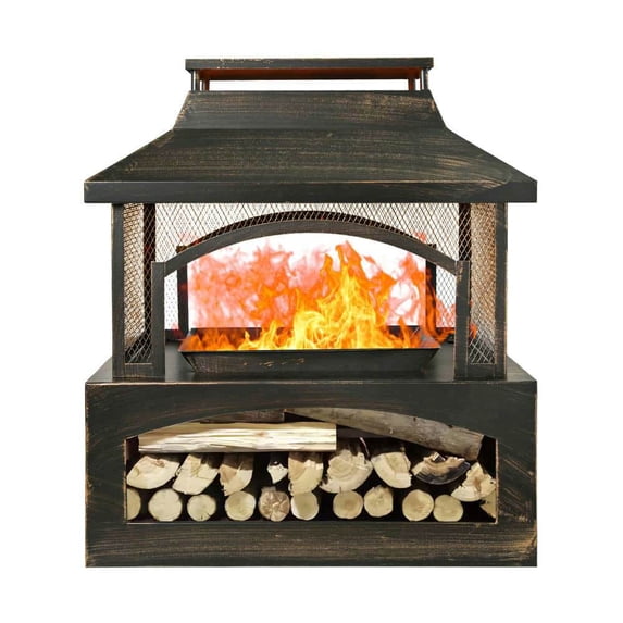 Spaco Rectangular Metal Log Burner Fire Pit with Built-in Log Storage, Outdoor Wood-Burning Fireplace, Fire Pit for Outdoor, Brown