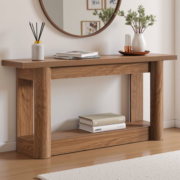 Spaco Rectangular Minimalist Console Table with Solid Wood Desktop, 2-Tier Open Shelving Base for Indoor as Living Room, Bedroom, Brown