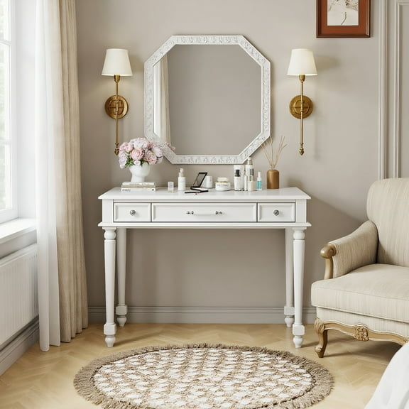 Spaco Retro Makeup Desk, 3-Drawer Dressing Table with Large Mirror, Elegant Console Table for Indoor as Bedroom, Living Room, White