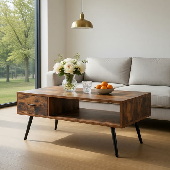 Spaco Retro Rectangular Coffee Table with Drawer and Storage Shelf-Rustic Brown, Modern Coffee Table for Living Room Office Reception