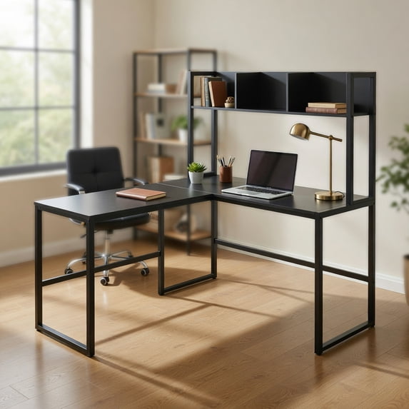 Spaco Reversible L-Shaped Corner Desk with Storage Bookshelf-Black, Office Desk, Gaming Computer Desks for Study,Working,Writing