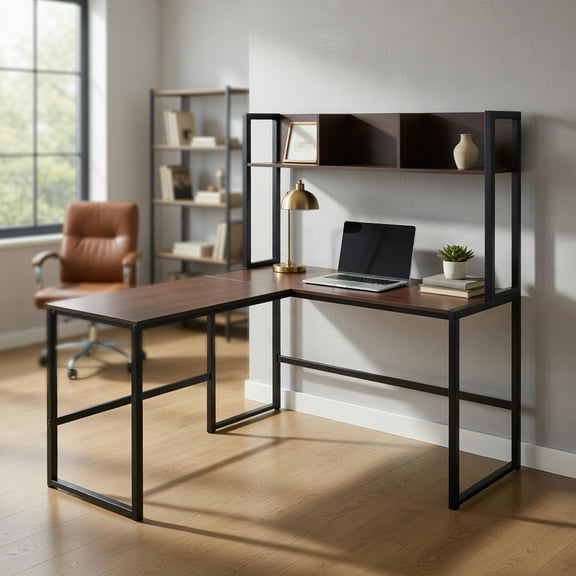 Spaco Reversible L-Shaped Corner Desk with Storage Bookshelf-Dark Brown, Office Desk, Gaming Computer Desks for Study,Working,Writing