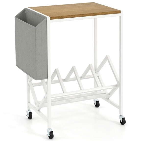 Spaco Rolling Record Player Stand, 2-Tier Vinyl Storage, Magazine Pouch, Lockable Rolling Wheels, Natural (Brown)