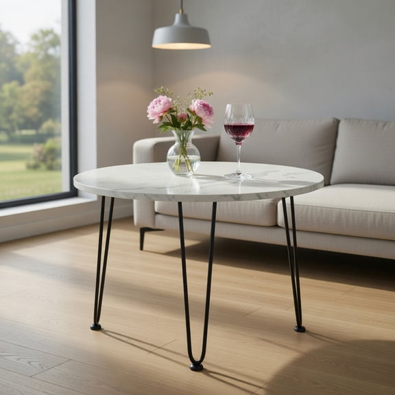 Spaco Round Coffee Table with Thickened Tabletop and Metal Tripod Legs-White, End Table