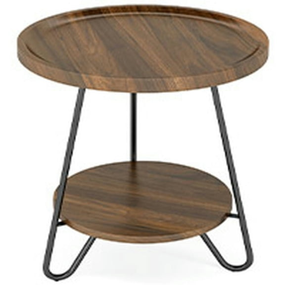 Spaco Round End Table, 2-Tier Side Table Accent Table with Metal Legs, End Table for Indoor as Bedroom, Brown