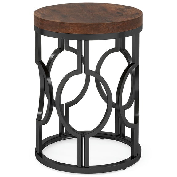 Spaco Round End Table, Industrial Side Table with Metal Hollow Frame, End Table for Indoor as Bedroom, Rustic Brown