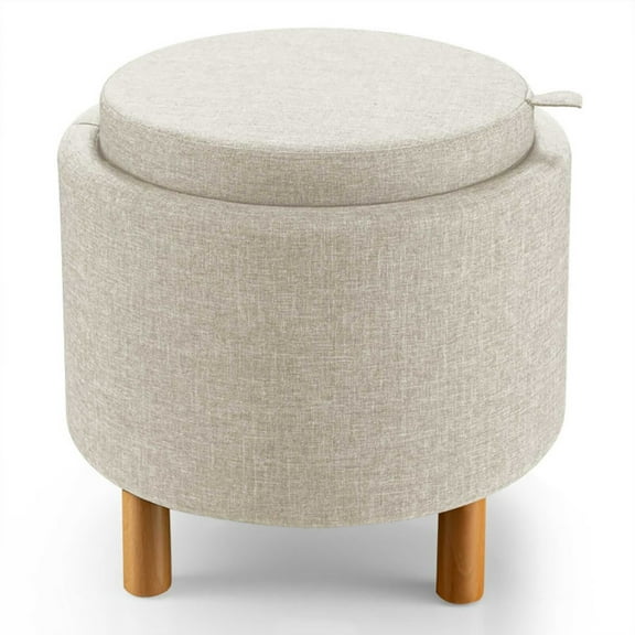 Spaco Round Fabric Storage Ottoman with Tray and Non-Slip Pads for Bedroom-Beige, Modern Decorative Foot Rest for Makeup, Bedroom,Side Table End Table