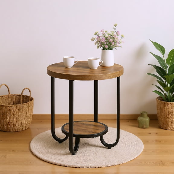 Spaco Round Modern Side Table with Wood-Metal Frame, 2-Tier Storage for Indoor as Living Room, Bedroom, Brown