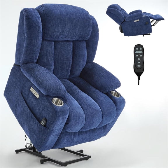 Spaco Royal Blue Chenille Power Lift Recliner - 350 LBS Capacity with 8-Point Massage & Heat, USB Type-C Ports