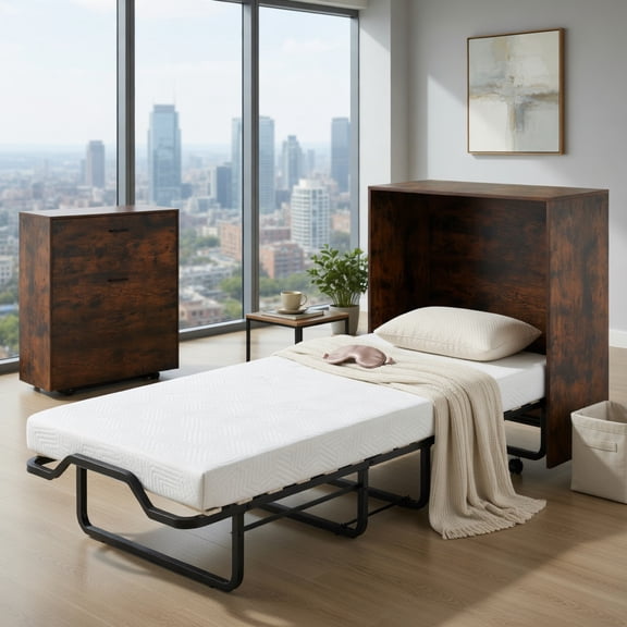 Spaco Rustic Brown Cot Size Murphy Bed with Lockable Wheels & Foldable Structure, Sturdy Space-Saving Guest Bed for Compact Apartments