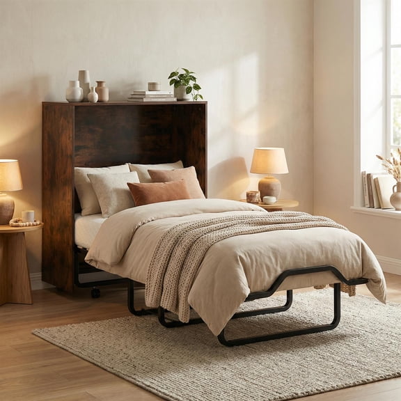 Spaco Rustic Brown Cot Size Murphy Bed with Lockable Wheels & Foldable Structure, Sturdy Space-Saving Guest Bed for Compact Apartments