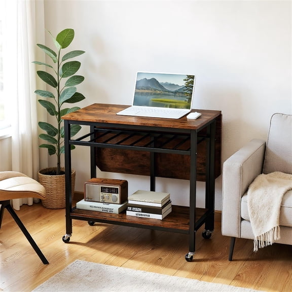 Spaco Rustic Brown Folding Dining Table with Expandable Laptop Desk, Wine Rack & Casters, Multifunctional Table for Kitchen Small Apartment