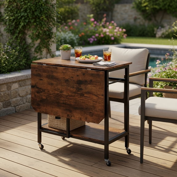 Spaco Rustic Brown Folding Dining Table with Expandable Laptop Desk, Wine Rack & Casters, Multifunctional Table for Kitchen Small Apartment
