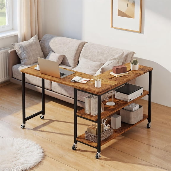 Spaco Rustic Brown Patented 360-Degree Rotating Sofa Side Table, Mobile End Table with Wheels & Storage Shelf, Multifunctional Laptop Desk for Study & Living Room