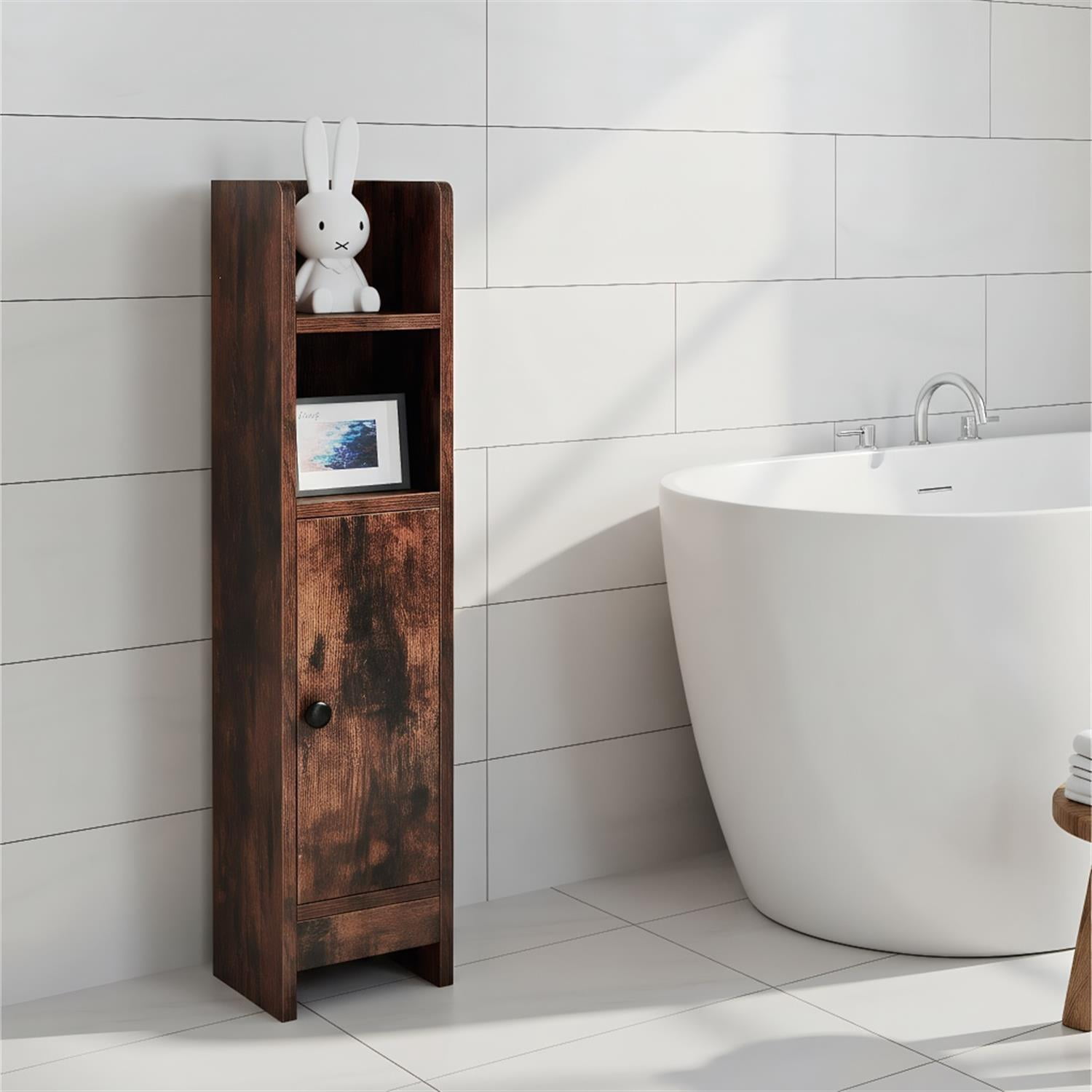 Spaco Rustic Brown Slim Bathroom Corner Cabinet, 1 Door & Adjustable Shelves with Rustic Finish