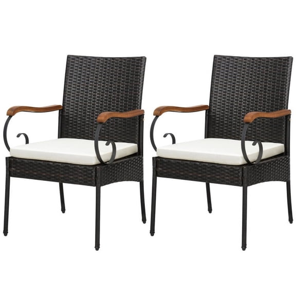 Spaco Set of 2/4 Outdoor PE Wicker Chair with Acacia Wood Armrests-Set of 2, Outdoor Stackable Dining Chairs for All Weather, Breathable Garden Outdoor Furniture for Backyard Deck