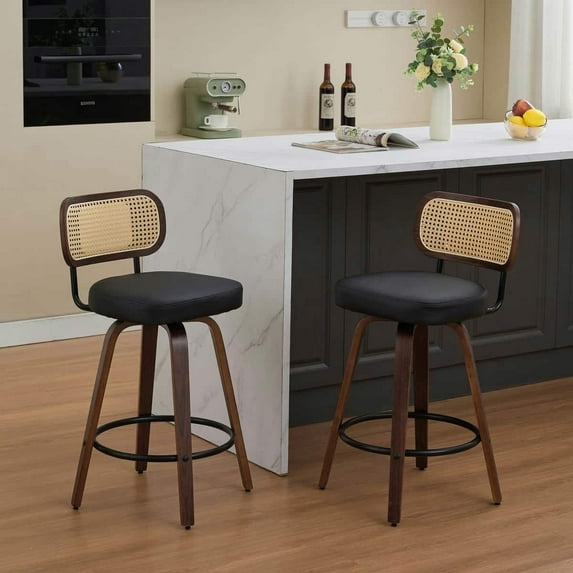 Spaco Set of 2 Counter Height Bar Stools, 26 inch Rattan Counter Height Stools with Cane Back, Upholstered Seat, Walnut Craftsmanship, Swivel Counter Stools for Kitchen, Black