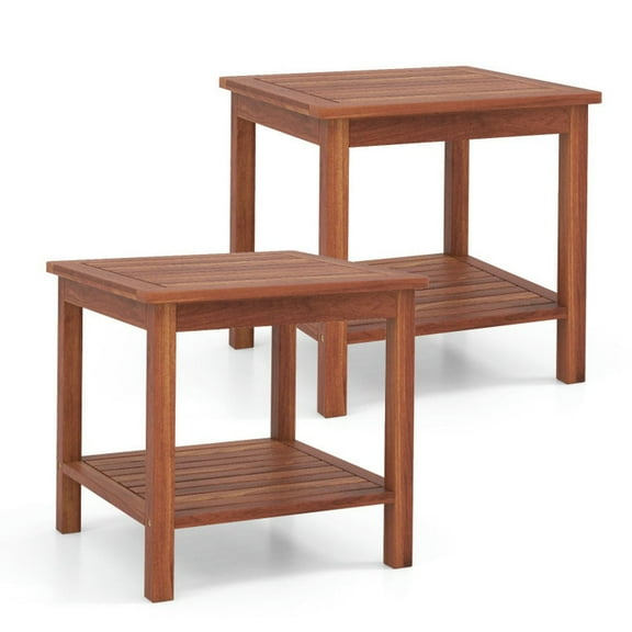 Spaco Set of 2 Double-Tier Acacia Wood Patio Side Table with Slatted Tabletop and Shelf, PatioCoffeeTable for Outdoor as Garden, Yard, Brown
