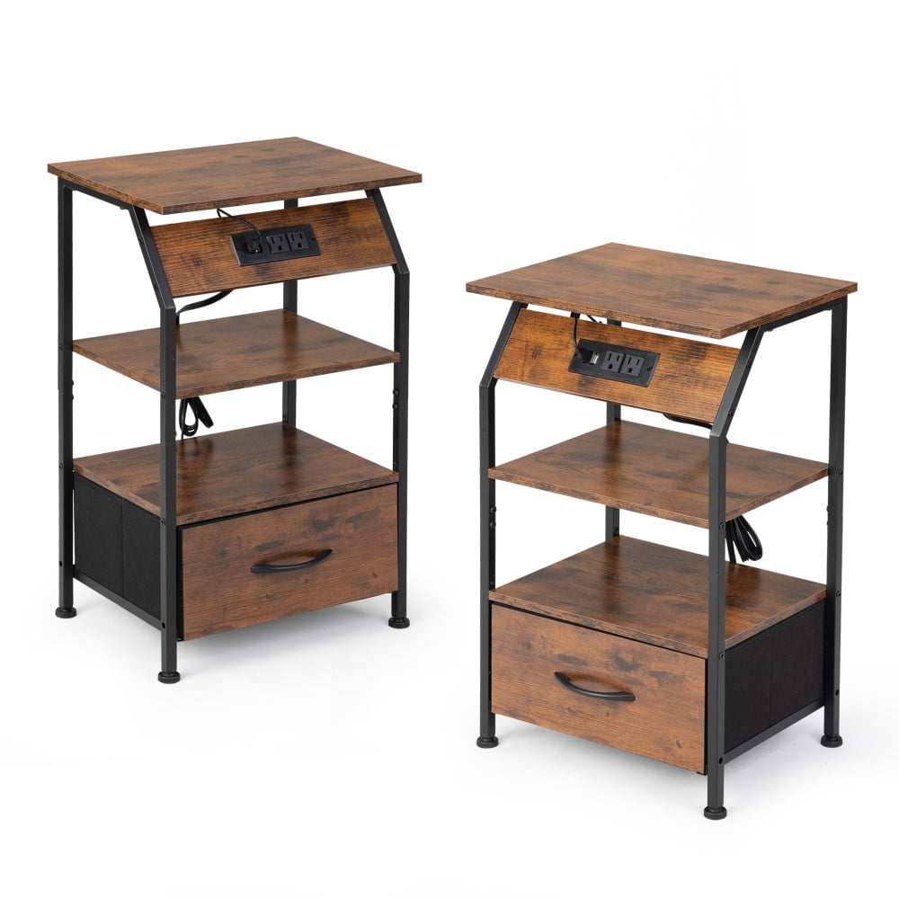 Rustic Brown Metal and Wood Nightstands with Charging Station, Set of 2