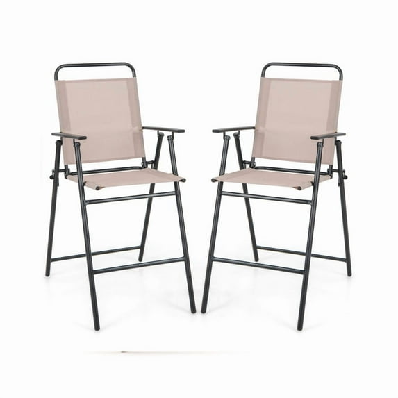 Spaco Set of 2 Patio Folding Bar-Height Chairs with Armrests and Quick-Drying Seat-Beige, Outdoor Stackable Dining Chairs for All Weather, Breathable Garden Outdoor Furniture for Backyard Deck