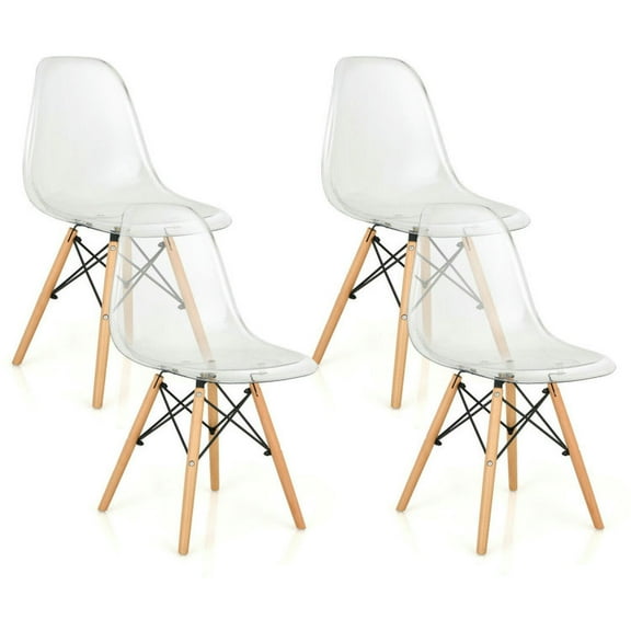 Spaco Set of 4 Dining Chairs Modern Plastic Shell Side Chair with Clear Seat and Wood Legs-Transparent, Lounge Chair, Dining Room Chair for Kitchen, Dining, Bedroom, Living