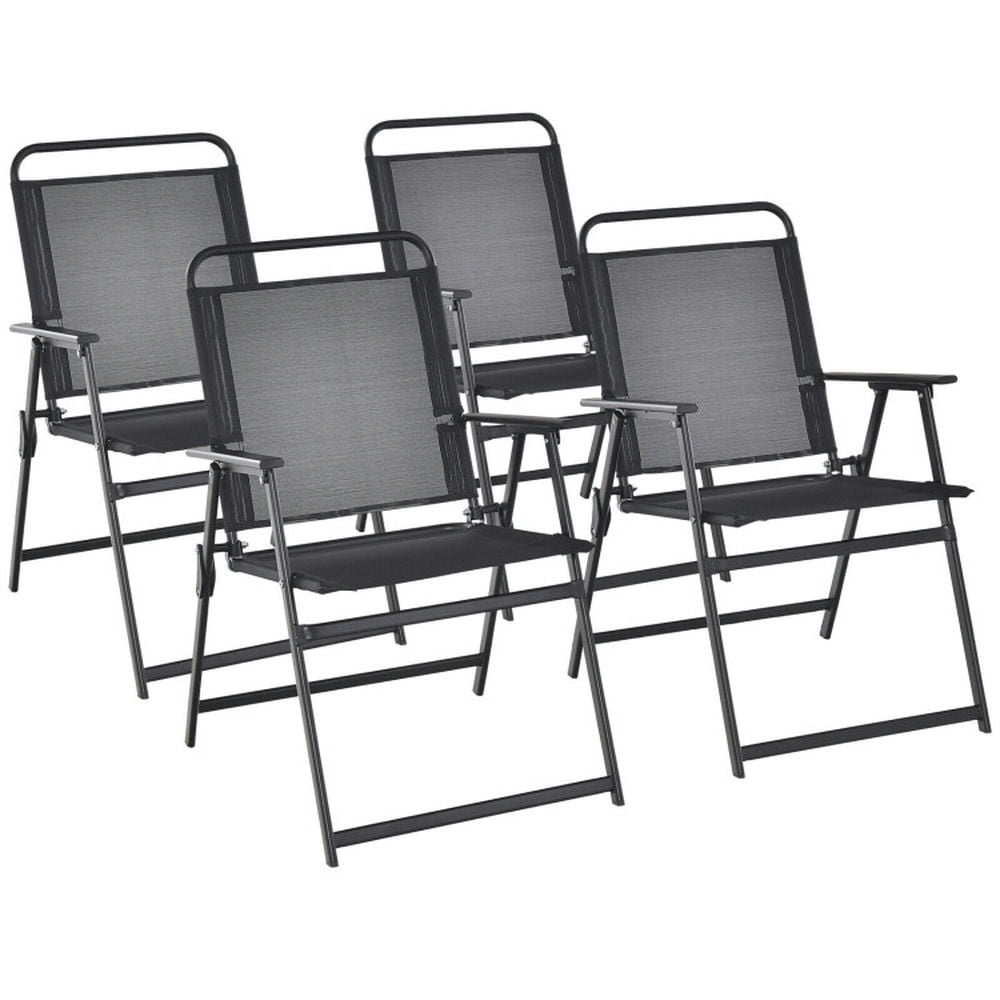 Spaco Set of 4 Outdoor Folding Chairs with Armrests and Backrests, Foldable Chairs with Heavy-Duty Metal Frame, Portable Chairs with Breathable Seat for Outdoor, Black