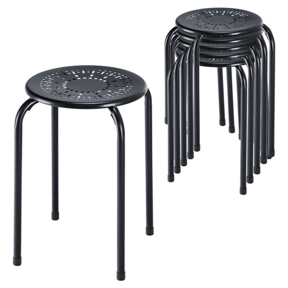 Spaco Set of 6 Stackable Multifunctional Daisy Design Backless Round Metal Stool Set-Black, Bar Height Stools, Counter Height Bar Stools for Kitchen, Dining Room