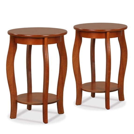 Spaco Set of 2 15 Inch 2-Tier Round End Table with Storage Shelf-Walnut, Nightstand Small Side Table, End Table for Bedroom Living Room