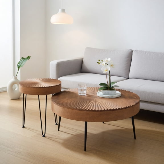 Spaco Set of 2 Boho Round Coffee Table with Solid Pine Wood Top and Metal Legs-Brown, Tea Table