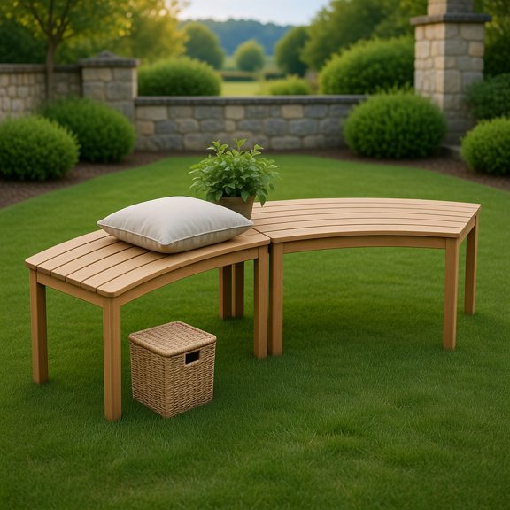 Spaco Set of 2 Curved Patio Benches, Acacia Wood Outdoor Front Porch Fire Pit 2-Seat Loveseat Furniture, Natural