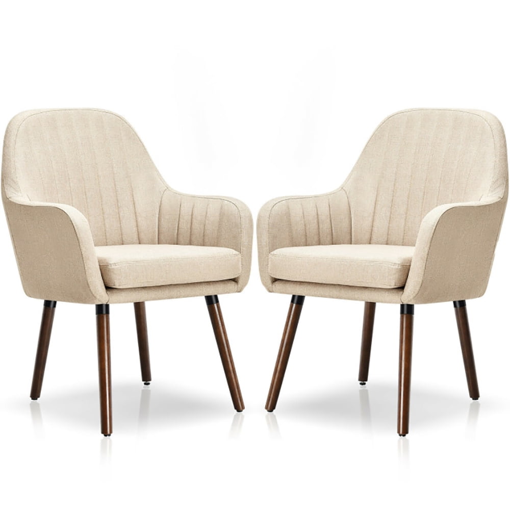 Beige Linen Upholstered Accent Chairs with Wooden Legs, Set of 2