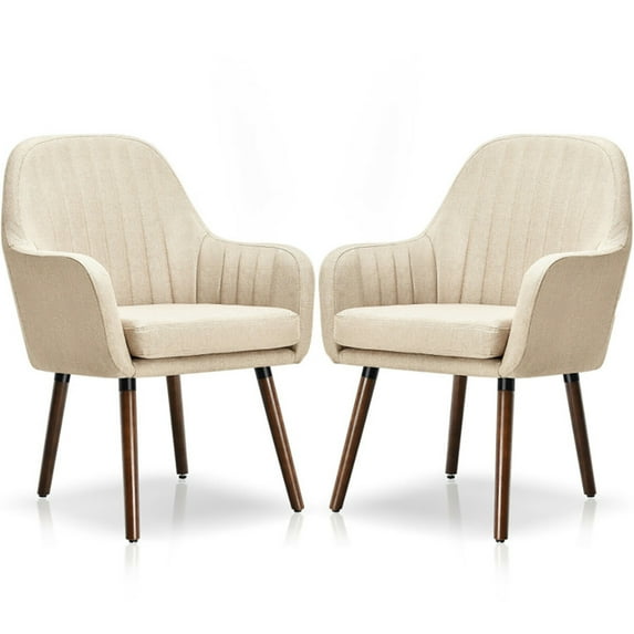 Spaco Set of 2 Fabric Upholstered Accent Chairs with Wooden Legs-Beige, Modern Mid-Century Upholstered Living Room Chair