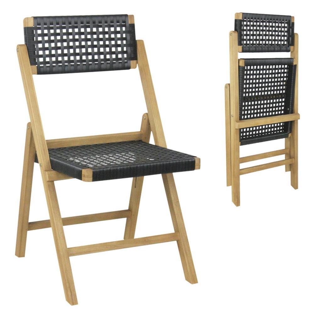 Natural Teak Wood Folding Patio Chairs with Black Woven Rope Seat, Set of 2