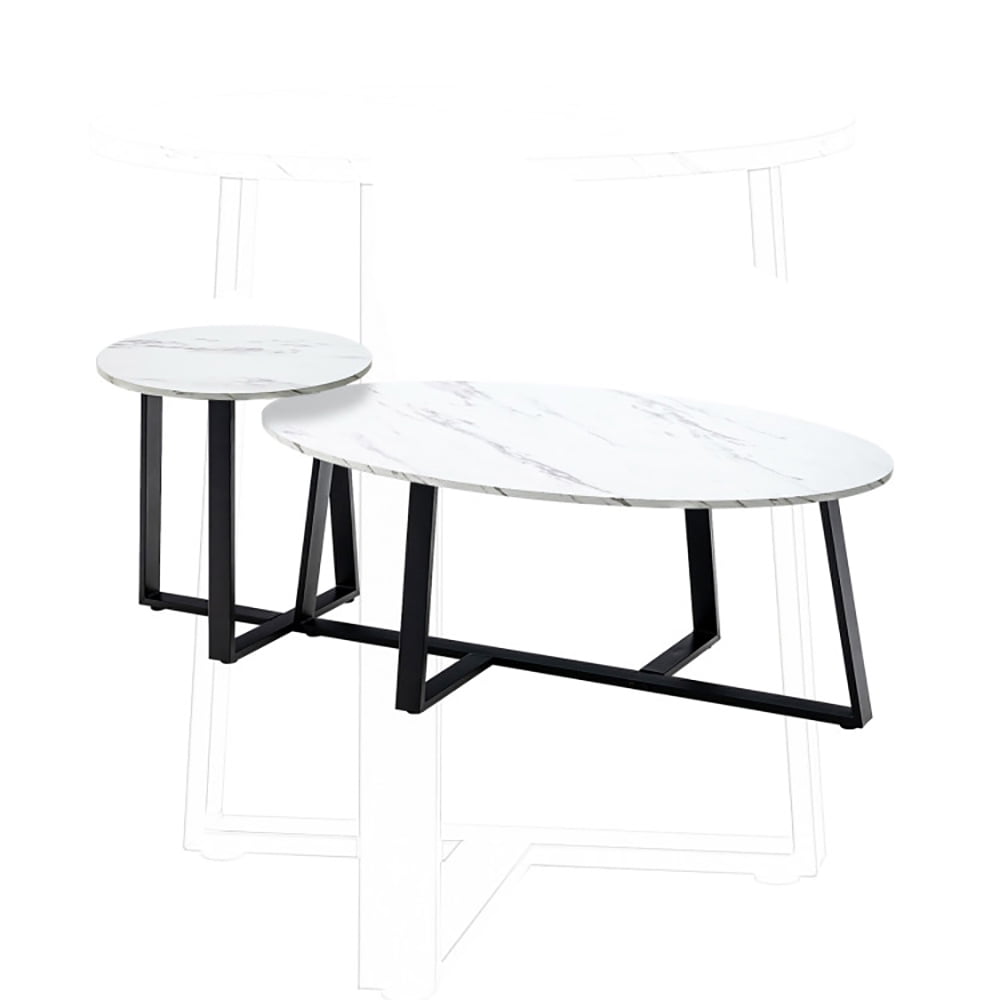 Spaco Set of 2 Modern Faux Marble Nesting Coffee Table Set with Oval and Round Table-White ...