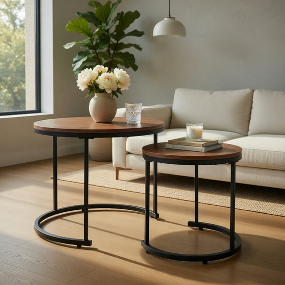 Spaco Set of 2 Modern Round Stacking Nesting Coffee Tables for Living Room-Light Brown, Modern Coffee Table for Living Room Office Reception