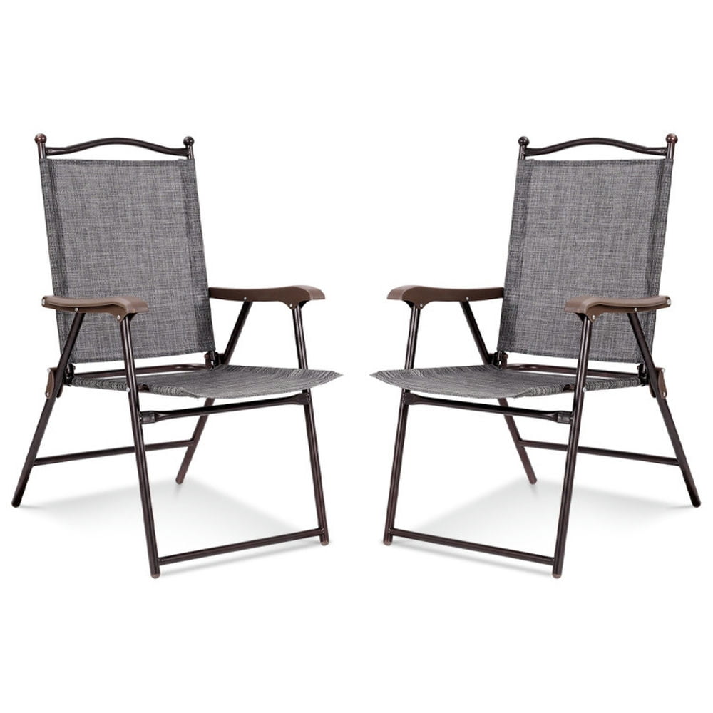 Gray Steel Frame Folding Camping Chairs with Arms, Set of 2
