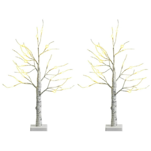 Spaco Set of 2 Pre-Lit White Twig Birch Trees - Battery-Powered, Bendable Branches, Lightweight PVC