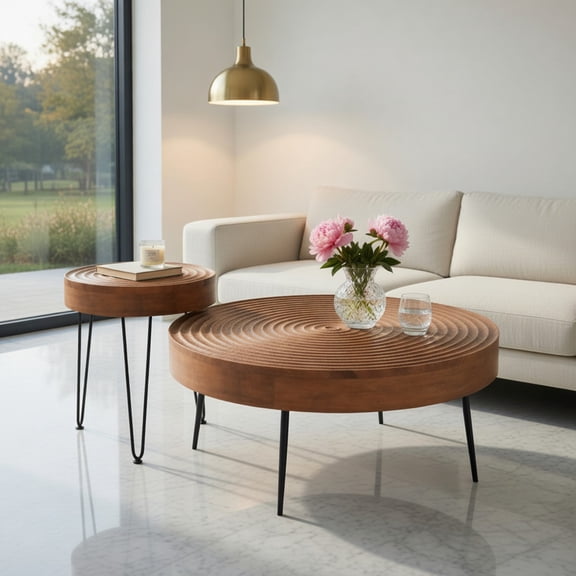 Spaco Set of 2 Solid Wood Ring Pattern Farmhouse Round Coffee Tables-Brown, Tea Table