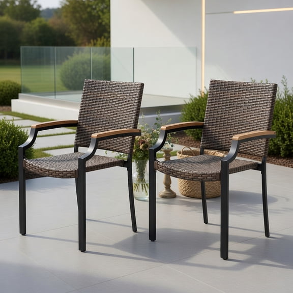 Spaco Set of 2 Stackable Patio Rattan Wicker Dining Chairs, Outdoor Armchairs with Solid Acacia Wood Armrests