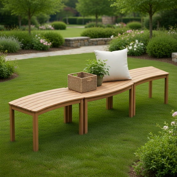 Spaco Set of 3 Curved Patio Benches, Acacia Wood Outdoor Front Porch Fire Pit Seating with Slatted Seat, Natural